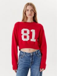 Guess Jeans Sweter W5YR33 Z3HM1 Czerwony Regular Fit. Czerwone swetry nierozpinane damskie Guess Jeans, xxl, z aplikacjami, z bawełny, bez kołnierzyka, bez ramiączek. Za 299.99 zł.