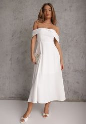 Biała Rozkloszowana Sukienka Koktajlowa VICES z Hiszpańskim Dekoltem Neamerianne. Białe sukienki damskie Renee, l, bez wzorów, eleganckie, bez kołnierzyka, bez ramiączek, midi, kopertowe. Za 179.99 zł.