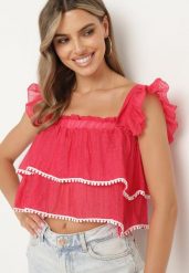 Fuksjowy Top na Ramiączkach z Możliwością Odpięcia Ozdobiony Falbanką Neveviana. Czerwone topy damskie Born2be, s, bez wzorów, bez kołnierzyka, bez ramiączek. Za 39.99 zł.