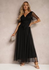Czarna Siateczkowa Sukienka z Kopertowym Dekoltem Wiązana w Talii Niblea. Czarne sukienki damskie Renee, na co dzień, m, bez wzorów, eleganckie, bez kołnierzyka, bez ramiączek, maxi, kopertowe. Za 89.99 zł.