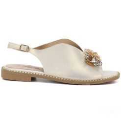 Skórzane sandały damskie płaskie z kryształkami złote S.Barski 61-6004. Żółte sandały damskie S.BARSKI, bez wzorów, ze skóry, bez obcasa, na płaskiej podeszwie, bez zapięcia. Za 179.99 zł.