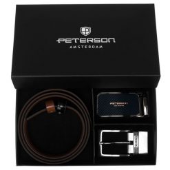Zestaw prezentowy: dwustronny pasek skórzany w jasnobrązowym i czarnym kolorze Peterson PTN KL-B016S001 BL-BR. Brązowe paski męskie Peterson, ze skóry, eleganckie. Za 136.99 zł.