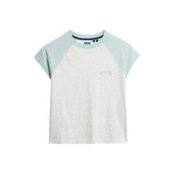 T-shirt z bawełny organicznej z rękawami raglanowymi i logo dla kobiet Superdry. Niebieskie t-shirty damskie Superdry, bez wzorów, z bawełny, bez kołnierzyka, bez ramiączek. Za 110.70 zł.
