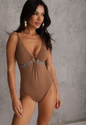 Brązowy Strój Kąpielowy z Paskiem w Geometryczny Print i Wycięciem Helania. Brązowe stroje kąpielowe damskie Renee, plus size, bez wzorów. Za 99.99 zł.