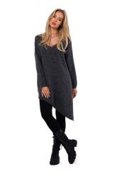 Asymetryczny Sweter Oversize - Szary. Szare swetry nierozpinane damskie MOE, uniwersalny, bez wzorów, z materiału, z asymetrycznym kołnierzem, bez ramiączek. Za 246.90 zł.