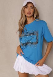 Niebieski T-shirt z Bawełny Zdobiony Nadrukiem z Cyrkoniami Idelunea. Niebieskie t-shirty damskie Renee, m, z aplikacjami, z bawełny, eleganckie, bez kołnierzyka, bez ramiączek. Za 34.99 zł.