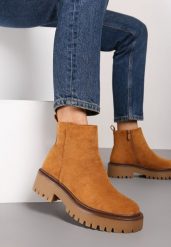 Brązowe Botki na Platformie w Stylu Sztybletów Erisiana. Brązowe botki damskie Renee, bez wzorów, bez obcasa, na platformie, bez zapięcia. Za 129.99 zł.
