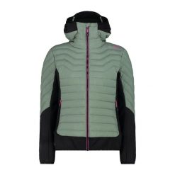 Kurtka damska turystyczna CMP 34Z2486. Zielone kurtki sportowe damskie CMP, s, bez wzorów, z nylonu, bez ramiączek, z kapturem, trekkingowe, primaloft. Za 619.99 zł.