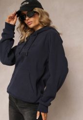 Granatowa Dzianinowa Bluza z Nadrukiem i Kapturem Nehret. Niebieskie bluzy damskie Renee, l, z aplikacjami, z dzianiny, bez ramiączek, z kapturem. Za 69.99 zł.