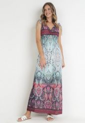 Bordowo-Niebieska Rozkloszowana Sukienka Maxi z Cienkimi Gumkami w Pasie i Kopertowym Dekoltem Clothilda. Niebieskie sukienki damskie Born2be, na lato, l, bez wzorów, bez kołnierzyka, bez ramiączek, maxi, kopertowe. Za 69.99 zł.