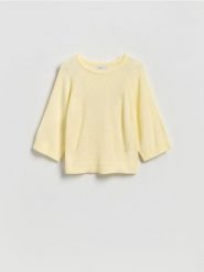 Gładki sweter - jasnożółty. Żółte swetry nierozpinane damskie Reserved, l, bez wzorów, z dzianiny, bez kołnierzyka, bez ramiączek. Za 89.99 zł.