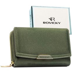 Portfel damski ze skóry ekologicznej w zielonym kolorze, zamykany na zatrzask - Rovicky. Zielone portfele damskie ROVICKY, ze skóry ekologicznej. Za 79.99 zł.