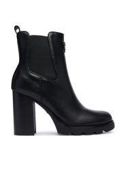 Guess Botki FLFNEL ELE10 Czarny. Czarne botki damskie Guess, z aplikacjami, ze skóry, bez obcasa, na słupku, bez zapięcia. Za 634.99 zł.