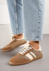 Ciemnobeżowe Sneakersy Tenisówki z Ozdobnymi Paskami Jenavena. Brązowe trampki i tenisówki damskie Born2be, bez wzorów, bez zapięcia. Za 69.99 zł.
