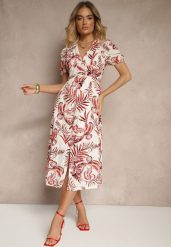 Czerwona Sukienka o Rozkloszowanym Kroju z Dekoltem w Serek w Roślinny Print Evilessa. Czerwone sukienki damskie Renee, na co dzień, l, bez wzorów, eleganckie, bez kołnierzyka, bez ramiączek, midi, rozkloszowane. Za 99.99 zł.