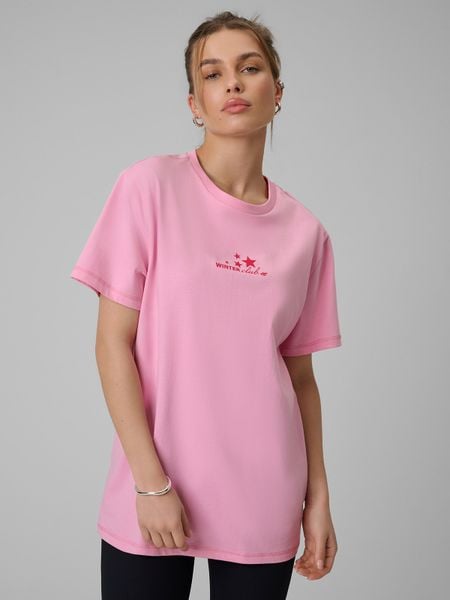 4F T-shirt oversize z nadrukiem damski - różowy L. Czerwone t-shirty damskie 4F, l, bez wzorów, z dzianiny, bez kołnierzyka, bez ramiączek. Za 79.99 zł.