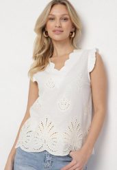 Biała Ażurowa Bluzka z Bawełny z Falbankami Tatiriana. Białe bluzki damskie Born2be, l, w ażurowe wzory, z bawełny, eleganckie, bez kołnierzyka, bez ramiączek. Za 74.99 zł.