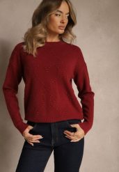 Bordowy Sweter z Tłoczonymi Sercami Unareia. Czerwone swetry nierozpinane damskie Renee, na jesień, l, bez wzorów, z jeansu, casualowe, bez kołnierzyka, bez ramiączek. Za 79.99 zł.