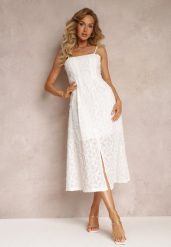 Biała Sukienka z Delikatną Fakturą i Rozcięciem na Dole Kendia. Białe sukienki damskie Renee, l, bez wzorów, wizytowe, bez kołnierzyka, bez ramiączek, midi. Za 209.99 zł.