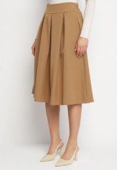 Ciemnobeżowa Rozkloszowana Spódnica Midi z Gumką w Pasie Glorina. Brązowe spódnice damskie Born2be, na co dzień, uniwersalny, bez wzorów, eleganckie, midi, koszulowe. Za 69.99 zł.