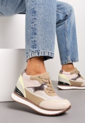 Beżowe Sneakersy na Ukrytym Niewysokim Koturnie z Brokatem Fioralan. Brązowe obuwie sportowe damskie Renee, bez wzorów, bez zapięcia. Za 119.99 zł.