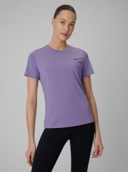 4F Koszulka treningowa regular szybkoschnąca damska - fioletowa S. Fioletowe bluzki damskie 4F, s, bez wzorów, bez kołnierzyka, bez ramiączek. Za 79.99 zł.