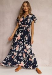 Granatowa Sukienka w Kwiaty o Kopertowym Kroju z Wiązanym Paskiem Iphene. Niebieskie sukienki damskie Renee, na co dzień, na lato, l, bez wzorów, eleganckie, bez kołnierzyka, bez ramiączek, maxi, kopertowe. Za 59.99 zł.