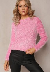 Różowy Sweter z Puchatego Gładkiej Materiału z Okrągłym Dekoltem i Długim Rękawem Klarrilo. Czerwone swetry nierozpinane damskie Renee, na jesień, bez wzorów, z elastanu, casualowe, bez kołnierzyka, bez ramiączek. Za 64.99 zł.