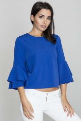 Niebieska Krótka Bluzka z Rozkloszowanymi Rękawami. Niebieskie bluzki damskie Figl, l, bez wzorów, z materiału, bez kołnierzyka, bez ramiączek. Za 189.00 zł.