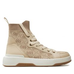 Trzewiki Guess. Brązowe botki damskie Guess, z aplikacjami, bez obcasa, na płaskiej podeszwie, bez zapięcia. Za 399.99 zł.