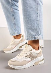 Beżowe Sneakersy ze Złotymi Wstawkami i Brokatem oraz Cyrkoniami Avanalis. Brązowe obuwie sportowe damskie Born2be, bez wzorów, bez zapięcia. Za 99.99 zł.
