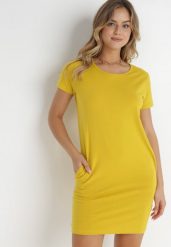 Żółta Sukienka Hysopheu. Żółte sukienki damskie Born2be, l, bez wzorów, z bawełny, bez kołnierzyka, bez ramiączek, mini, dopasowane. Za 34.99 zł.