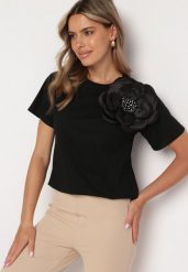 Czarny Bawełniany T-shirt z Krótkim Rękawem i Aplikacją w Kształcie Kwiatu z Cyrkoniami Dimantee. Czarne t-shirty damskie Born2be, z aplikacjami, z bawełny, klasyczne, bez kołnierzyka, bez ramiączek. Za 74.99 zł.