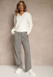 Jasnoszare Spodnie High Waist z Gumką i Troczkami w Pasie Rallena. Szare spodnie materiałowe damskie Renee, bez wzorów, z jeansu, z podwyższonym stanem. Za 79.99 zł.
