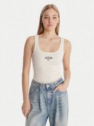 Guess Jeans Top W6RP20 KA0H1 Écru Slim Fit. Topy damskie Guess Jeans, xl, z aplikacjami, z bawełny, bez kołnierzyka, bez ramiączek. Za 129.99 zł.