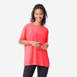 Koszulka fitness damska Domyos krótki rękaw. Czarne bluzki damskie DOMYOS, xs, bez wzorów, z elastanu, sportowe, bez kołnierzyka, bez ramiączek. Za 69.99 zł.
