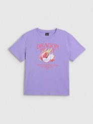 4F T-shirt loose z nadrukiem damski - fioletowy XS. Fioletowe t-shirty damskie 4F, xs, bez wzorów, z bawełny, bez kołnierzyka, bez ramiączek. Za 69.99 zł.