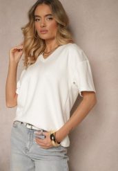 Biały T-shirt z Dekoltem w Serek Fonellea. Białe t-shirty damskie Renee, l, bez wzorów, z jeansu, bez kołnierzyka, bez ramiączek. Za 39.99 zł.