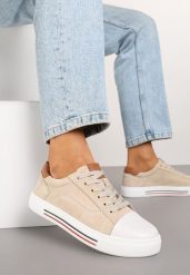 Beżowe Płaskie Trampki ze Skóry Naturalnej ze Skórzaną Wkładką i Ozdobnym Noskiem Milili. Brązowe trampki i tenisówki damskie Renee, bez wzorów, z jeansu, bez zapięcia. Za 79.99 zł.