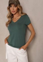 Ciemnozielony Bawełniany T-shirt z Dekoltem w Kształcie Litery V Fevalista. Zielone t-shirty damskie Renee, l, bez wzorów, z bawełny, eleganckie, bez kołnierzyka, bez ramiączek. Za 44.99 zł.