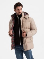 Męska kurtka puffer z podszewką w kratę – beżowa V2 OM-JAHP-0205 - XXL. Brązowe kurtki męskie Ombre Clothing, l, z aplikacjami, z bawełny, bez kaptura. W wyprzedaży za 199.99 zł.