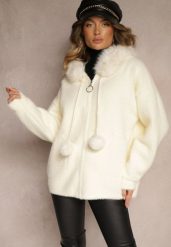Jasnobeżowa Bluza z Wełną Wiskozą Kapturem Odpinanym Futerkiem i Pomponami Delailith. Brązowe bluzy damskie Renee, l, bez wzorów, z jeansu, eleganckie, bez ramiączek. Za 169.99 zł.