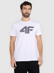 4F T-shirt regular z nadrukiem męski - biały XL. Białe t-shirty męskie 4F, m, bez wzorów, z bawełny, bez kołnierzyka, bez ramiączek. Za 59.99 zł.