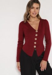Bordowy Sweter z Wiskozą Ozdobiony Guzikami Zetisae. Czerwone swetry nierozpinane damskie Born2be, m, bez wzorów, z jeansu, eleganckie, bez kołnierzyka, bez ramiączek. Za 89.99 zł.