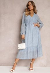 Jasnoniebieska Sukienka Kataea. Niebieskie sukienki damskie Renee, l, z aplikacjami, z tkaniny, bez kołnierzyka, bez ramiączek, midi, rozkloszowane. Za 74.99 zł.