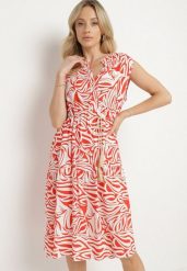 Czerwona Bawełniana Rozkloszowana Sukienka z Geometrycznym Wzorem Annivaria. Czerwone sukienki damskie Born2be, na co dzień, l, bez wzorów, z bawełny, eleganckie, bez kołnierzyka, bez ramiączek, midi, rozkloszowane. Za 44.99 zł.