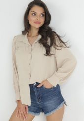 Beżowa Koszula z Bufiastym Rękawem i Marszczeniem Elissa. Brązowe koszule damskie Born2be, bez wzorów, z satyny, eleganckie, bez kołnierzyka, bez ramiączek. Za 74.99 zł.