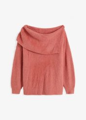 Sweter z asymetrycznym dekoltem off-shoulder. Czarne swetry nierozpinane damskie bonprix, bez wzorów, z asymetrycznym kołnierzem, bez ramiączek. Za 79.99 zł.