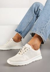 Beżowe Skórzane Buty Sportowe na Płaskiej Podeszwie ze Skórzaną Wkładką Ozdobione Perforacją Falali. Brązowe obuwie sportowe damskie Renee, z aplikacjami, z jeansu, bez zapięcia. Za 159.99 zł.