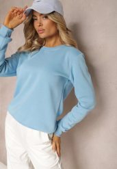 Niebieska Bluza Diyo. Niebieskie bluzy damskie Renee, na jesień, l, bez wzorów, z jeansu, casualowe, bez ramiączek, bez kaptura. Za 39.99 zł.